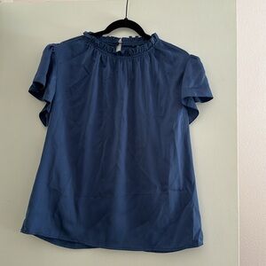 Elegant Women's Blue Blouse with Ruffled Neckline size medium